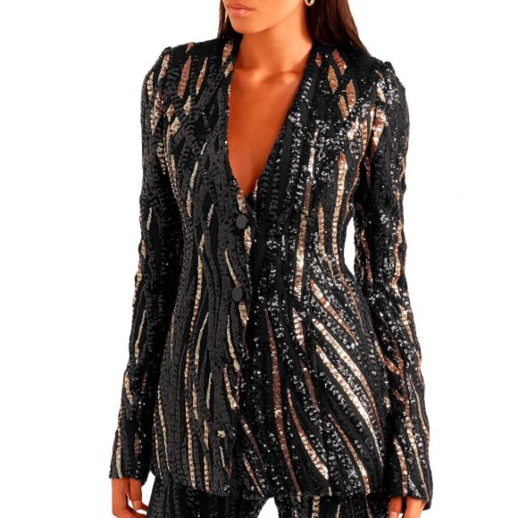 HALPERN Tiger-Stripe Sequin Silk-Lined Blazer, Black/Gold